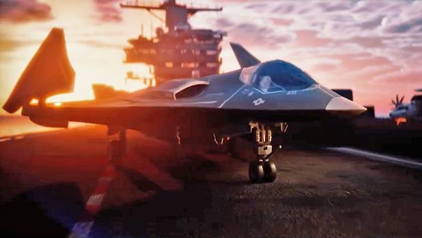 Kampfjet der 6. Generation auf Flugzeugträger bei Sonnenuntergang, Vorderansicht des Jets.