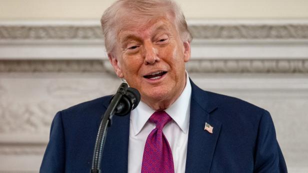 Donald Trump spricht am Mikrofon, mit Anzug und Krawatte.