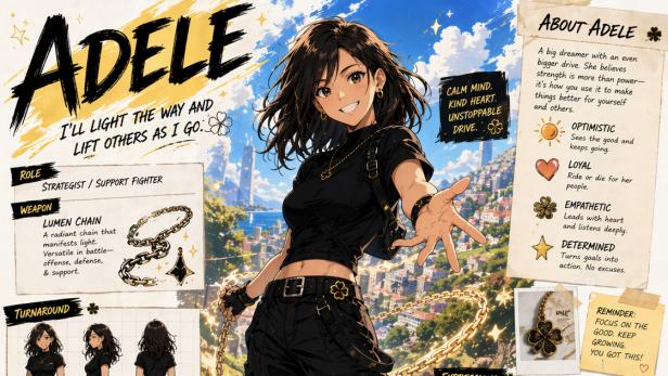 Ein von Images 2.0 erstelltes Bild zeigt einen Anime-Charakter und einen Steckbrief mit Eigenschaften