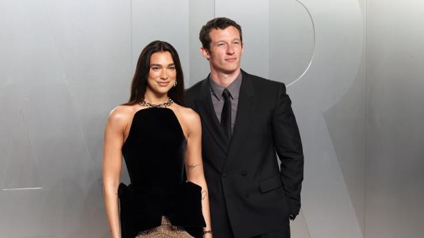 Dua Lipa und Callum Turner posieren vor einem silbernen Hintergrund.