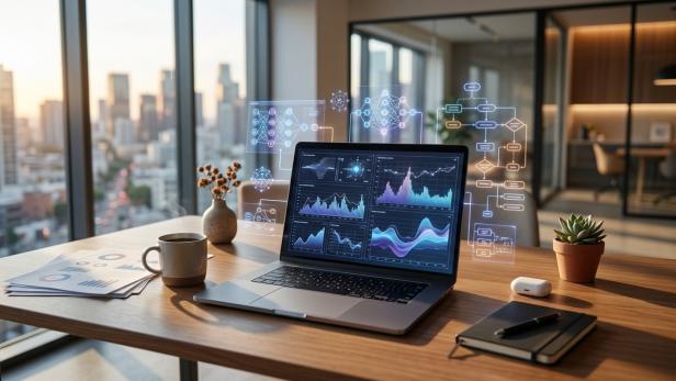 Laptop mit KI-Diagrammen und Datenanalysen auf Schreibtisch in modernem Büro mit Stadtblick.