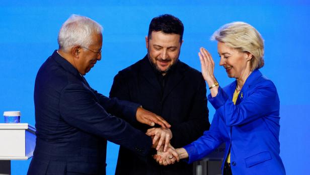 FILE PHOTO: Ukraine's Zelenskiy, and EU's von der Leyen and Costa attend press conference on fourth anniversary of Russia's full-scale invasion, in Kyiv