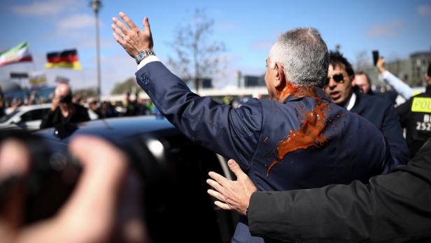 Reza Pahlavi, the exiled son of Iran's last shah and an Iranian opposition figure, leaves after a press conference at the House of the Bundespressekonferenz in Berlin