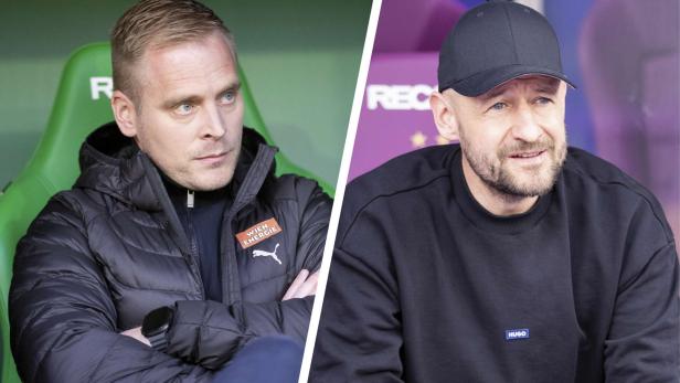 Trainer Hoff Thorup (l.) mit Rapid und Helm mit der Austria