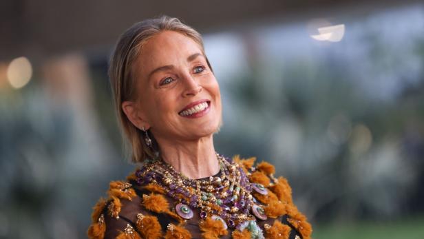 Sharon Stone lächelt mit auffälligem Schmuck und einem Kleid mit Federn.