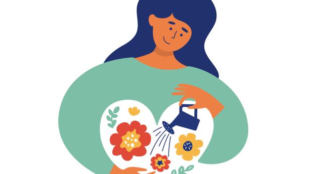 Vector illustration of self love with young woman irrigating and growing flowers in inner garden