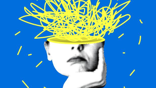 Upset woman props her head up with her hand. Modern collage. Concept of anxiety