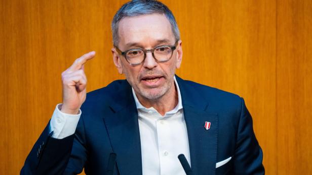 Herbert Kickl gestikuliert vor einem holzvertäfelten Hintergrund.