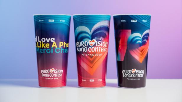 Die Mehrwegbecher des Eurovision Song Contest in Wien.