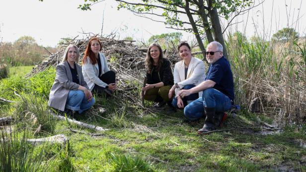 Fünf Personen hocken gemeinsam im Grünen vor einem großen Haufen aus Ästen und Zweigen neben einem Baum.