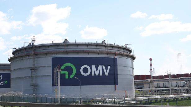 The logo of Austrian oil and gas group OMV on of their tanks at the refinery in Schwechat