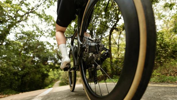 Fahrradfahrer auf Waldweg, Nahaufnahme des Hinterrads mit eingebautem E-Bike-Motor.