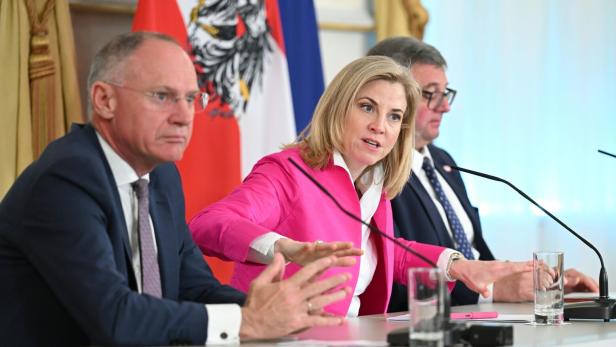 Drei Personen in Anzügen sitzen an einem Tisch mit Mikrofonen, eine Frau spricht gestikulierend, im Hintergrund eine Österreich-Flagge.