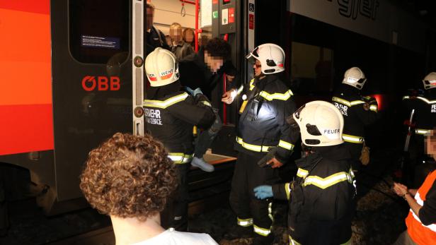 Feuerwehrleute helfen mehreren Personen beim Aussteigen aus einem stehenden Zug bei Nacht.