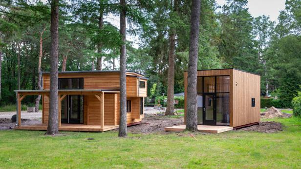 Tiny Houses auf einem bewaldeten Grundstück