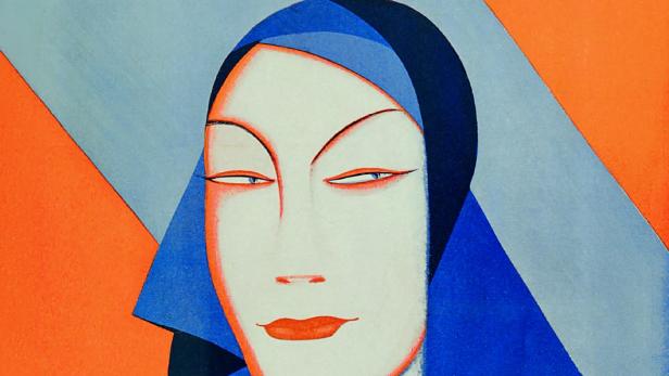 Ein Gemälde in orange und blau von einer Frau 