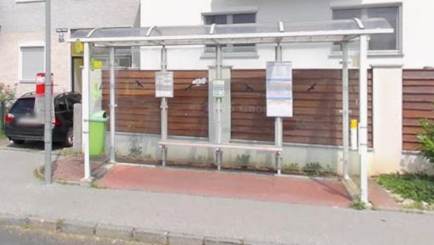 Überdachte Bushaltestelle mit Sitzbank, Fahrplänen, grünem Mülleimer und Holzwand im Hintergrund.