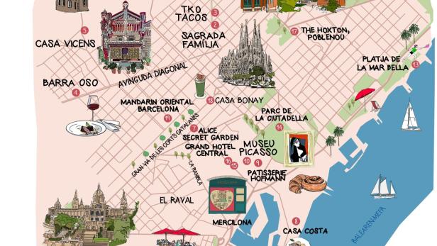 Eine Landkarte von Barcelona mit vielen Sehenswürdigkeiten