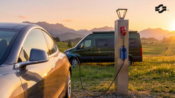 Ein Tesla ist an einer Ladestation für Elektrofahrzeuge angeschlossen.