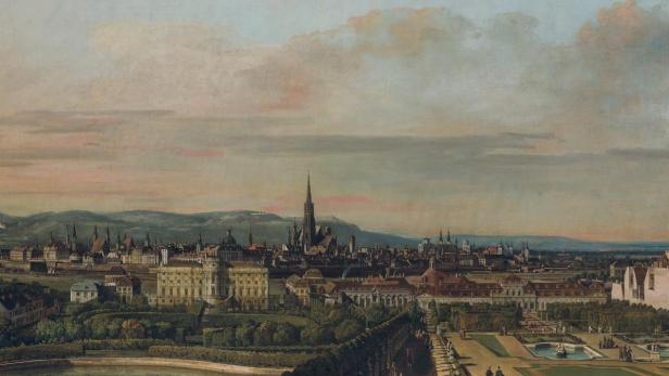 Blick vom Oberen Belvedere auf das Wien des 18. Jahrhunderts mit Karlskirche, Stephansdom und eleganten Spaziergängern in den barocken Gartenanlagen, gemalt von Bernardo Bellotto.