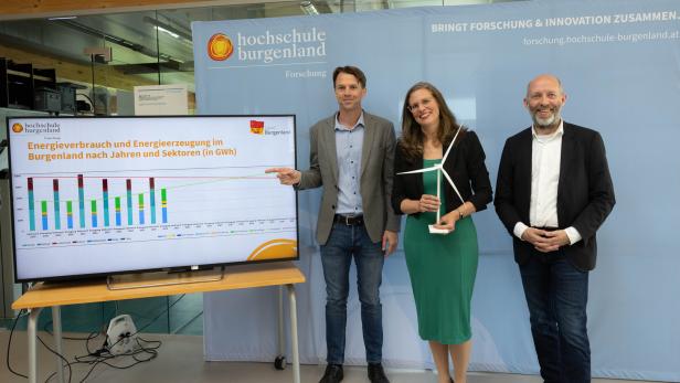Drei Personen stehen vor einem Diagramm zum Energieverbrauch im Burgenland, eine Frau hält ein Windradmodell.
