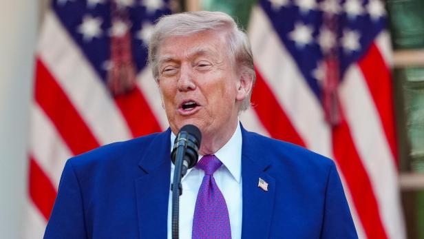 Donald Trump spricht vor amerikanischen Flaggen in einem blauen Anzug und einer gemusterten Krawatte.