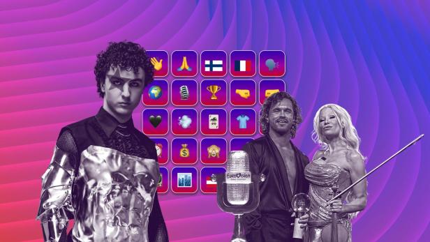 Cosmo und die finnischen Teilnehmer des Eurovision Song Contest. Im Hintergrund ein Bingo-Feld.