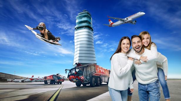 Familie am Flughafen Wien mit Tower, Flugzeugen, Feuerwehrfahrzeugen und Birdly-Flugsimulator.