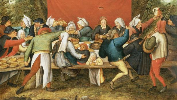 Rotnasige Seligkeit: In den Tonkrügen ist Wein. Der wurde auch deshalb viel getrunken, weil man Angst vor verschmutztem Wasser hatte (Bild v. Pieter Brueghel d. J.)