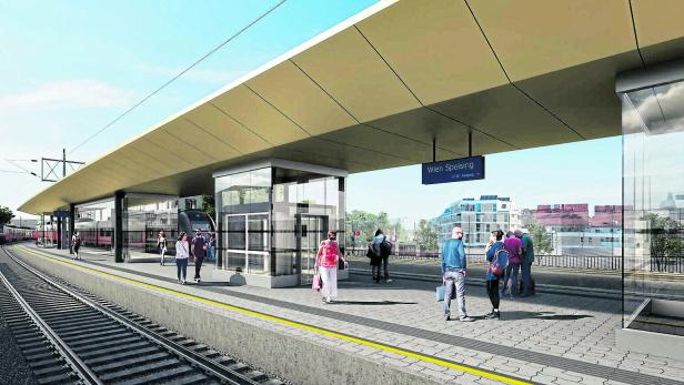 Bahnsteig Wien Speising mit wartenden Personen unter einem großen Dach.