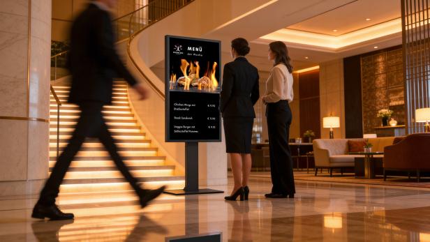 Zwei Frauen betrachten in einer eleganten Hotellobby eine digitale Menütafel mit Speisen und Preisen.
