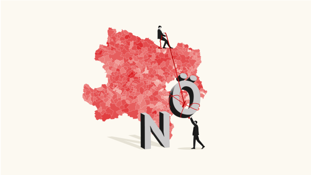 Illustration einer rot eingefärbten Karte von Niederösterreich mit zwei stilisierten Personen und den Buchstaben NÖ.
