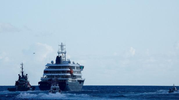 FILE PHOTO: The cruise ship MV Hondius, affected by a hantavirus outbreak, near the port of Granadilla de Abona, Tenerife