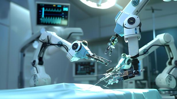 Roboterarme mit chirurgischen Instrumenten über einem OP-Tisch. 