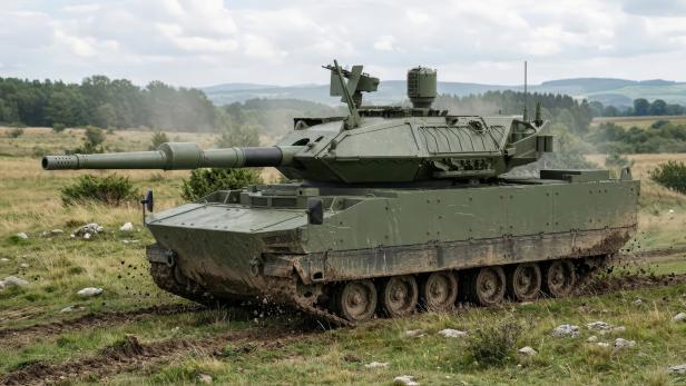 Ein grüner Panzer fährt durch die Wiese
