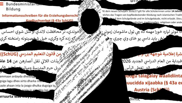 Man sieht eine Illustration einer Frau mit Kopftuch, eingehüllt in viele Sprachbänder 