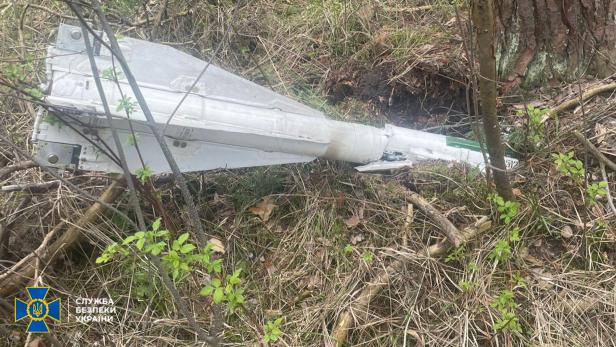 Raketentrümmer liegen im Gras und Gestrüpp neben einem Baum im Wald.