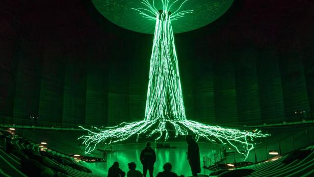 Im Raum mit Zuschauerrängen steht eine grüne Lichtinstallation, die an einen Baum erinnert.