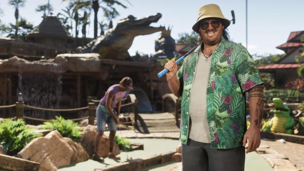 Die Figur Carl Hampton aus GTA 6 steht im Hawaiihemd vor einem Krokodil-Park