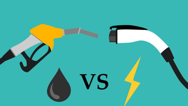 Zapfpistole für Benzin und Ladestecker für Elektroautos stehen sich gegenüber, darunter Symbole für Öl und Strom mit „vs“.