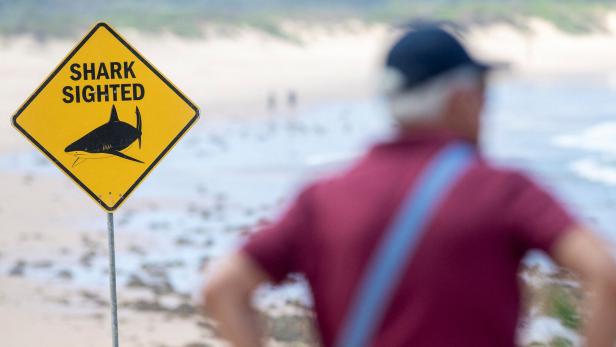 Ein gelbes Warnschild mit Hai-Symbol steht am Strand, eine Person im Hintergrund.