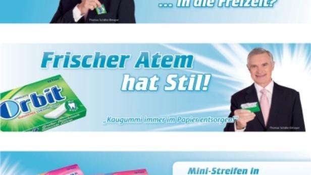 Eine Werbung für Orbit-Kaugummi mit verschiedenen Packungen und einem Mann im Anzug.