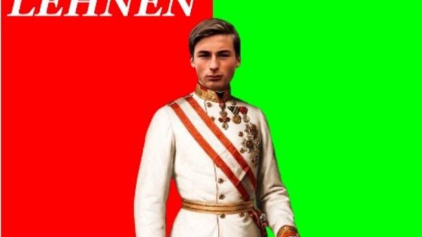 Ein Mann in historischer Uniform steht vor einem halb rot, halb grün geteilten Hintergrund mit den Worten „ABZULEHNEN“ und „STABIL“.