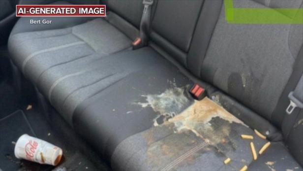 Essensreste und ein umgekippter Becher auf einem stark verschmutzten Rücksitz, angeblich als KI-generierter Beweis für eine Schadensersatzforderung bei Lyft verwendet.