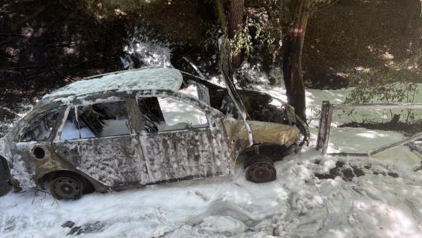 Ausgebranntes Auto mit Löschschaum bedeckt steht neben einem Baum und beschädigtem Geländer im Wald.