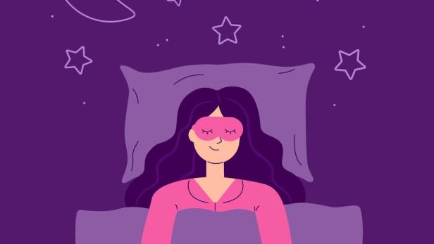 A young woman is sleeping in a bed with a sleep mask and dreams. Vector illustration in a cartoon flat style.