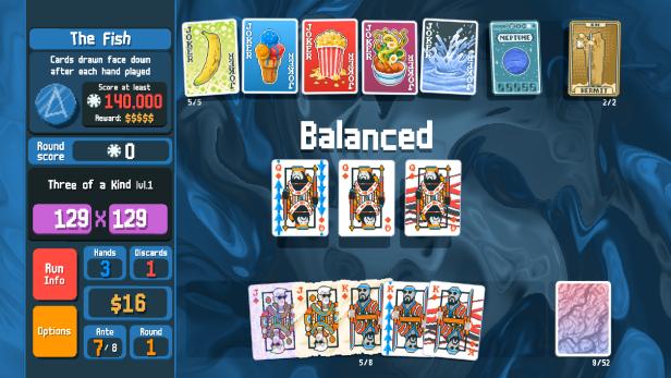 Oberfläche von Balatro, mit Karten verteilt über das Spielfeld, links eine Seitenleiste mit Punkten und Multiplikator.