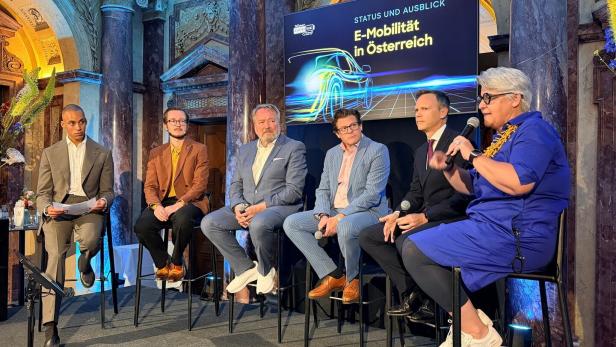 Sechs Personen diskutieren auf einer Bühne vor einem Schild zu E-Mobilität in Österreich in einem prunkvollen Saal.