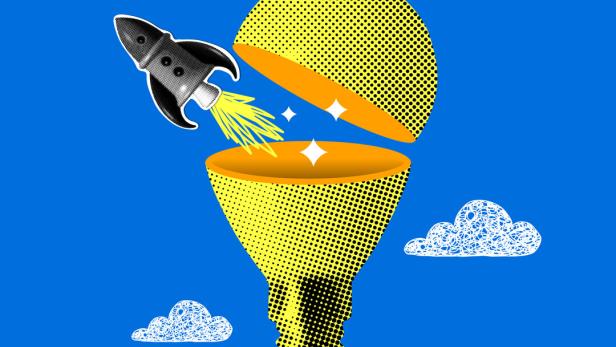 Innovation, idea concept. Modern collage with rocket launching from light bulb