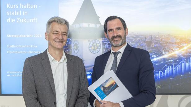 Zwei Männer im Anzug stehen vor einer Präsentation mit dem Titel „Kurs halten – stabil in die Zukunft“ und lächeln in die Kamera.